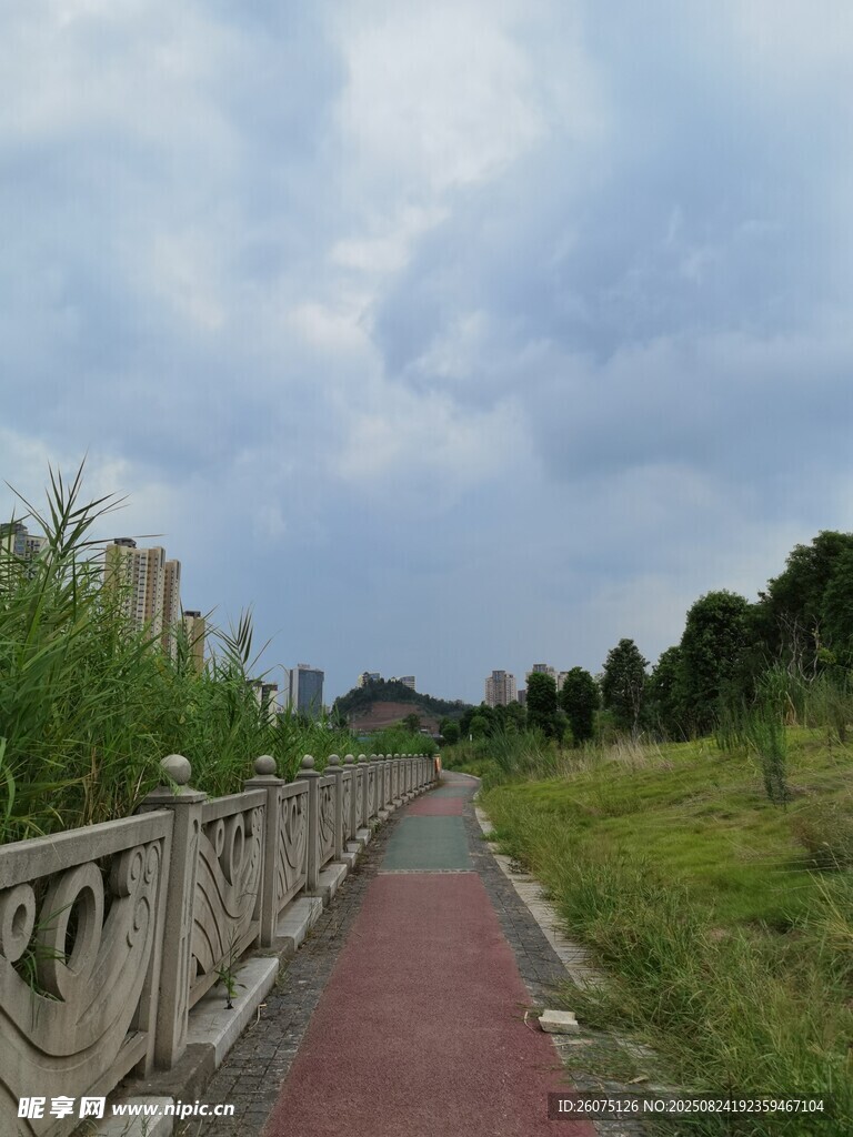 郊外紅徑旁的綠植與天空