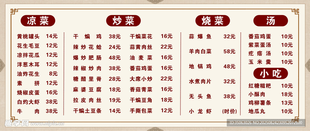 炒菜價目表