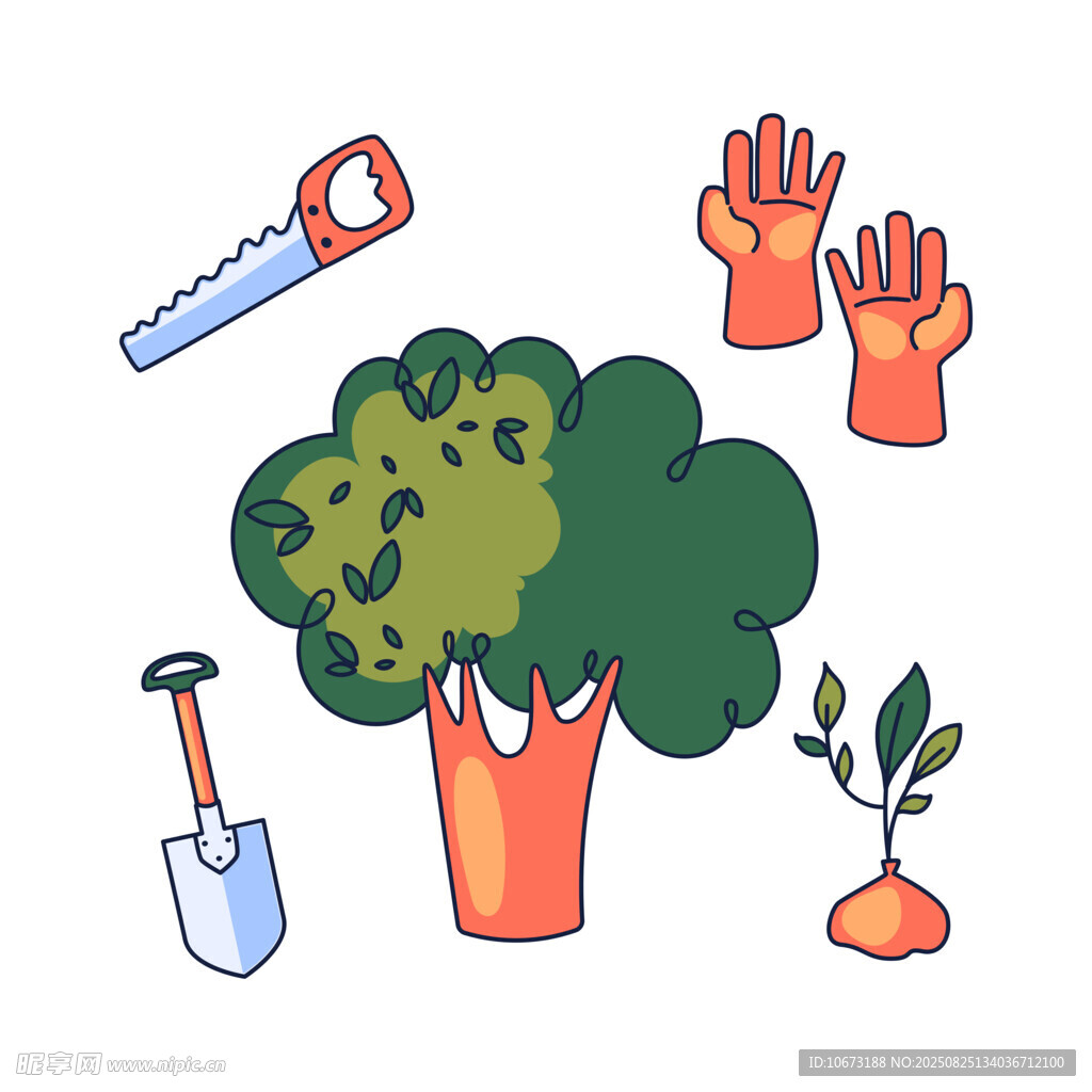 植樹工具與樹苗插畫