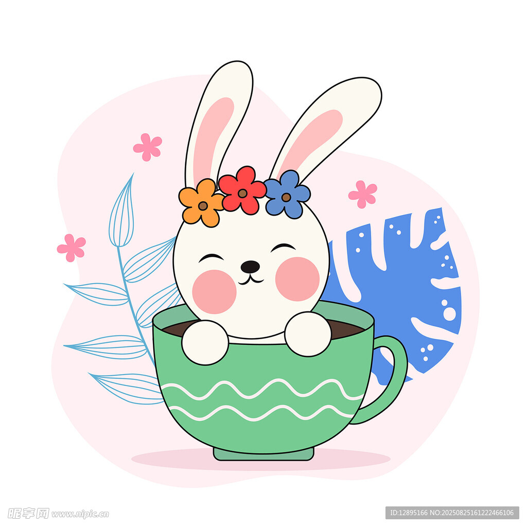 茶杯中的可愛花飾小兔子