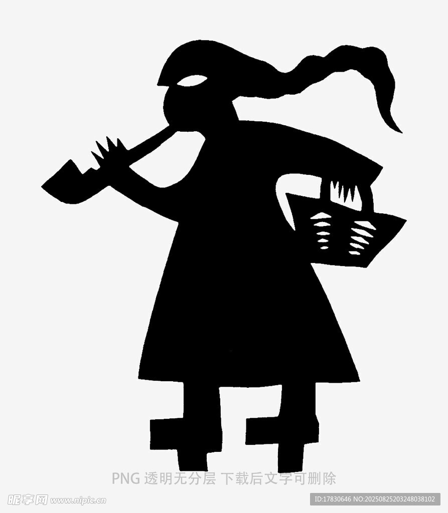 黑衣女子持籃吹笛剪影