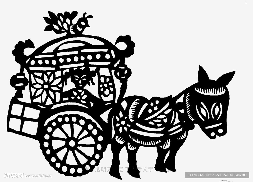 傳統(tǒng)驢拉車黑白插畫圖案