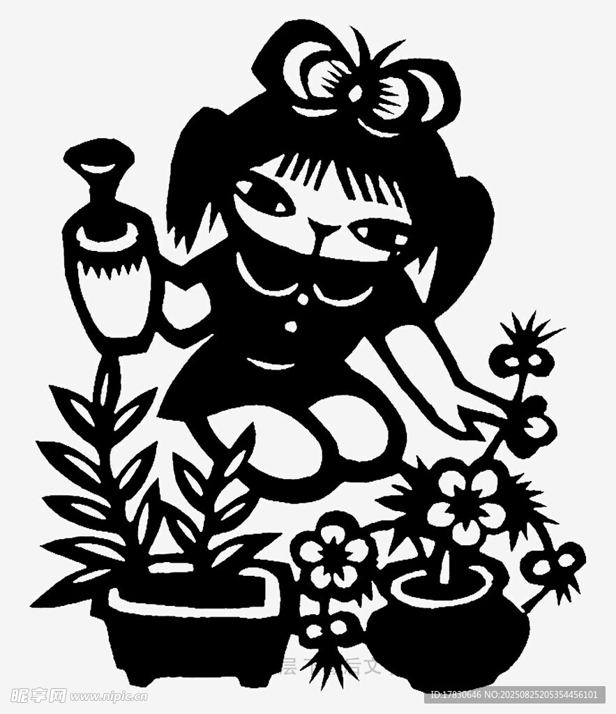 女孩專注澆花剪紙圖案