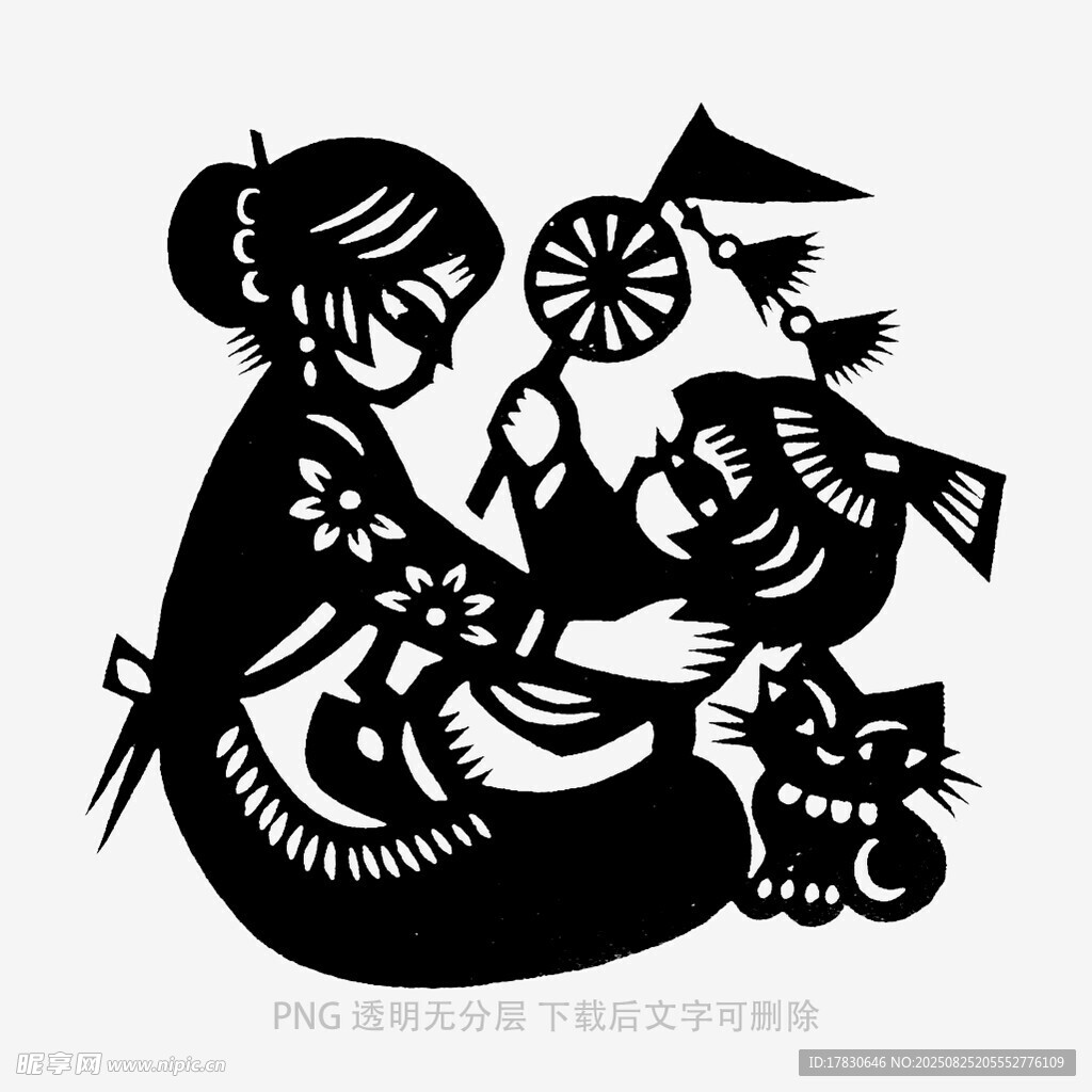 母親與孩子嬉戲剪紙圖
