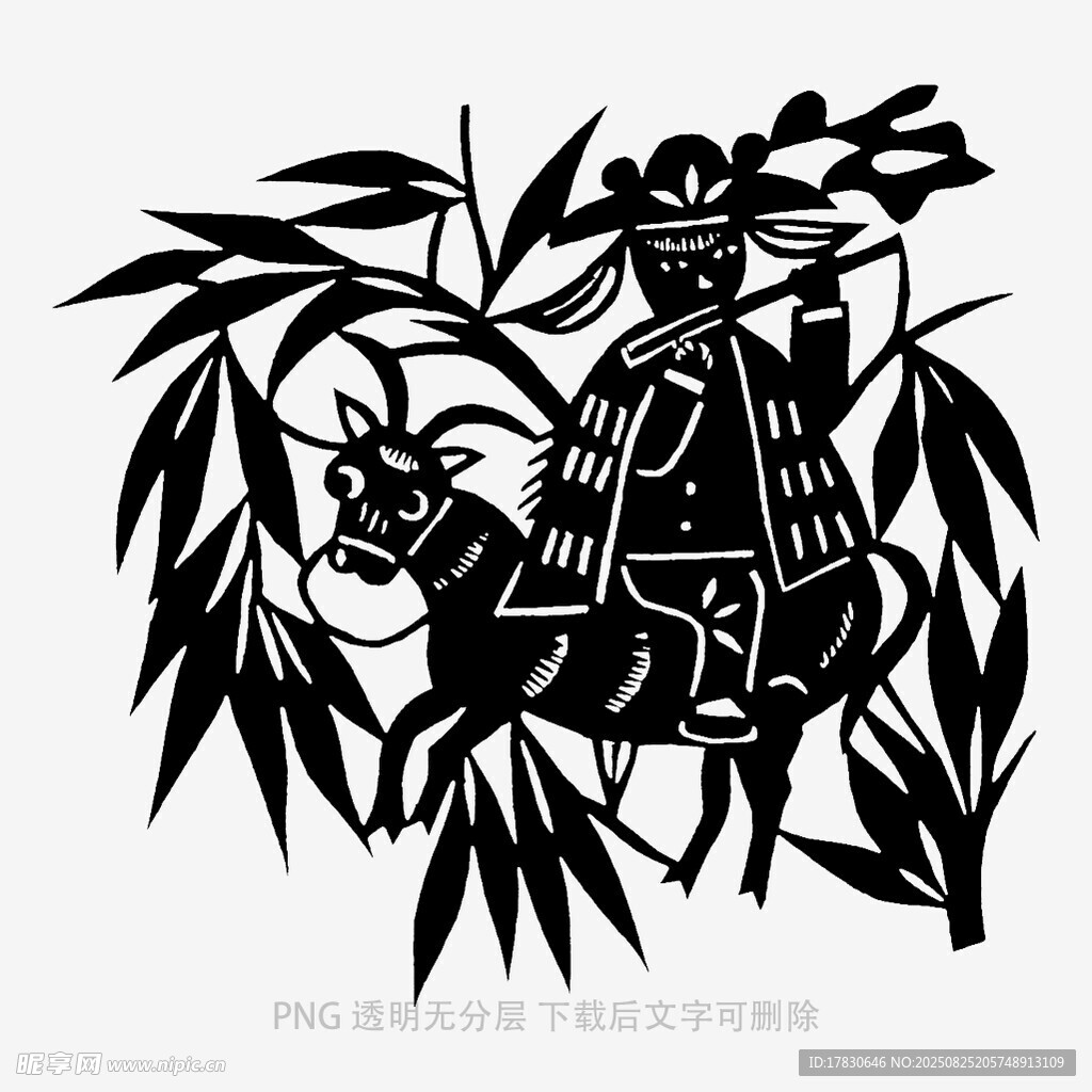 牧童騎牛于竹林間剪紙圖