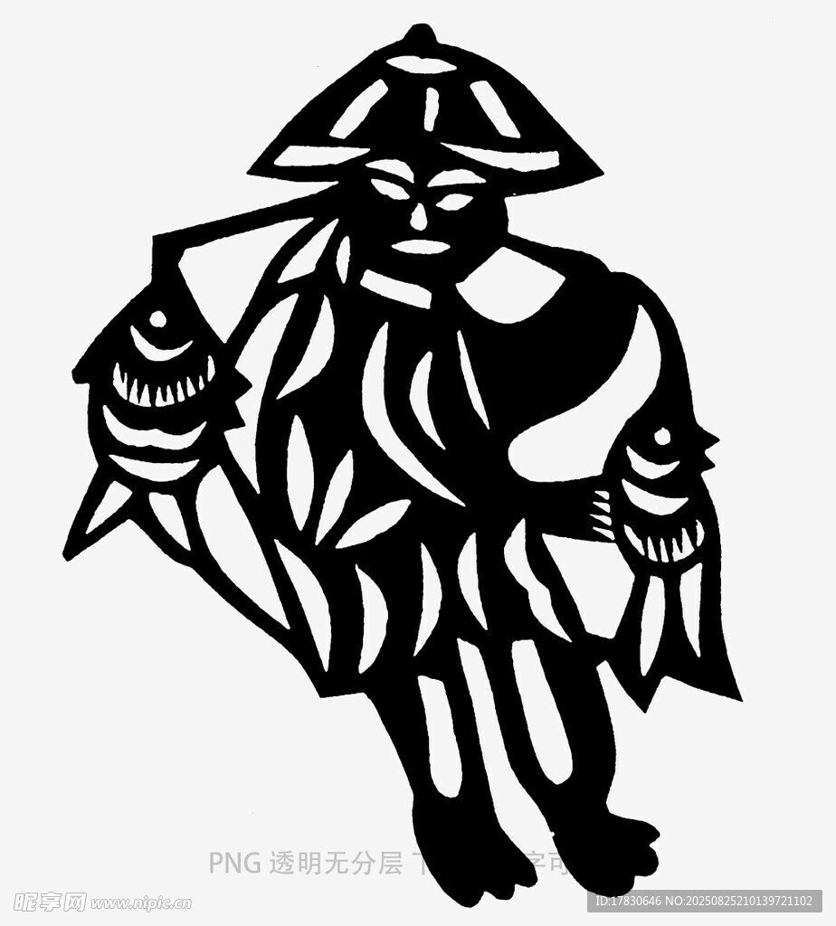 漁翁挑魚剪紙圖案