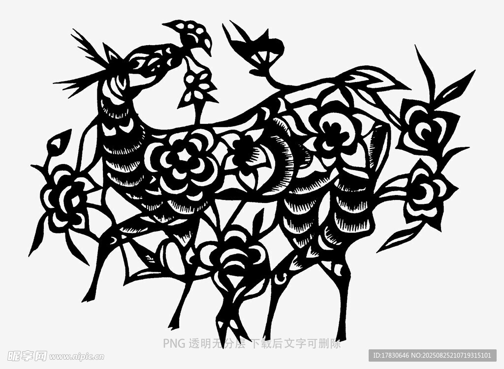 傳統(tǒng)剪紙風(fēng)的雙鹿花卉圖案