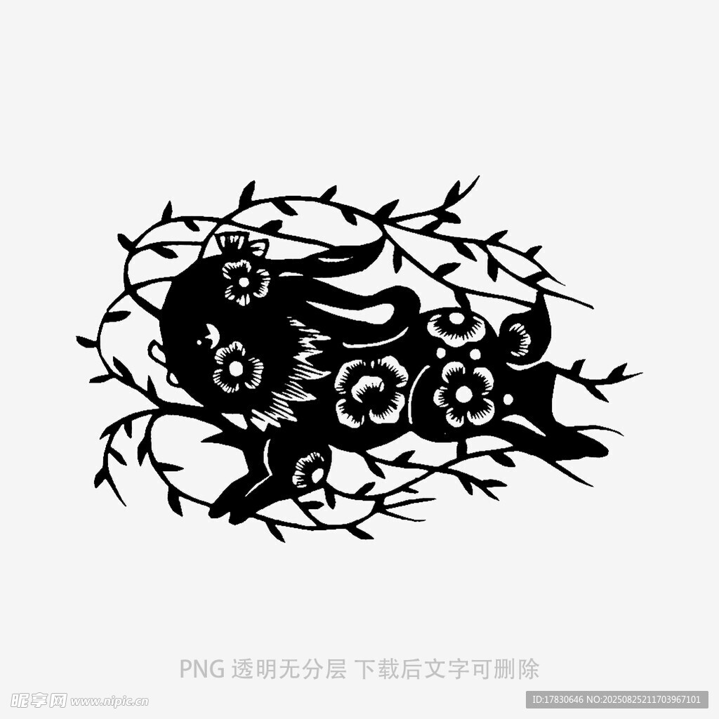 中式剪紙風(fēng)黑貓與花枝