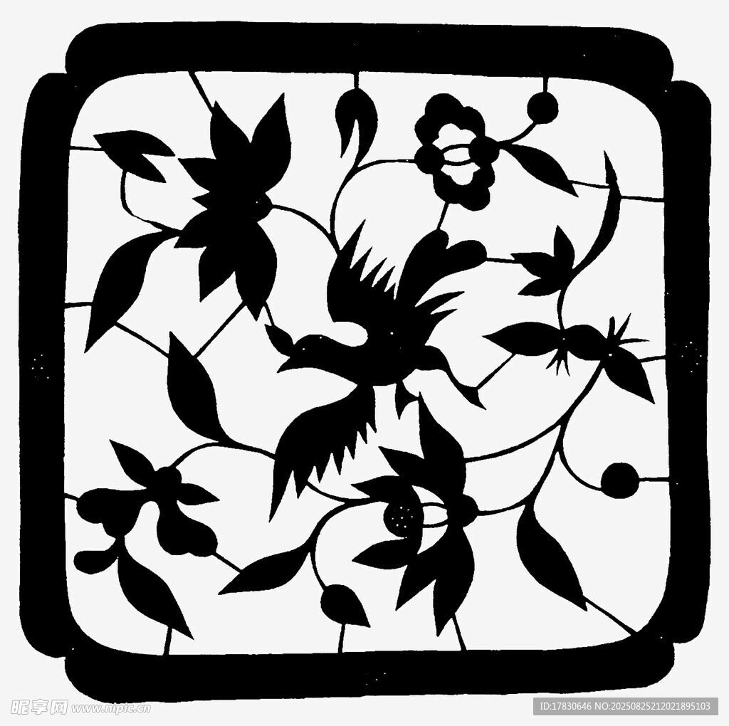 中式花鳥鏤空窗飾圖案