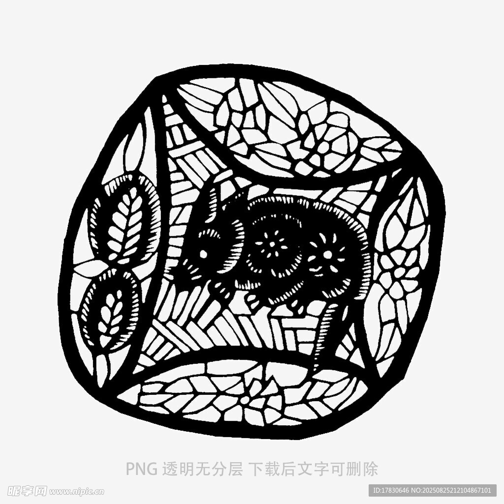 黑白剪紙風的豬與植物圖案