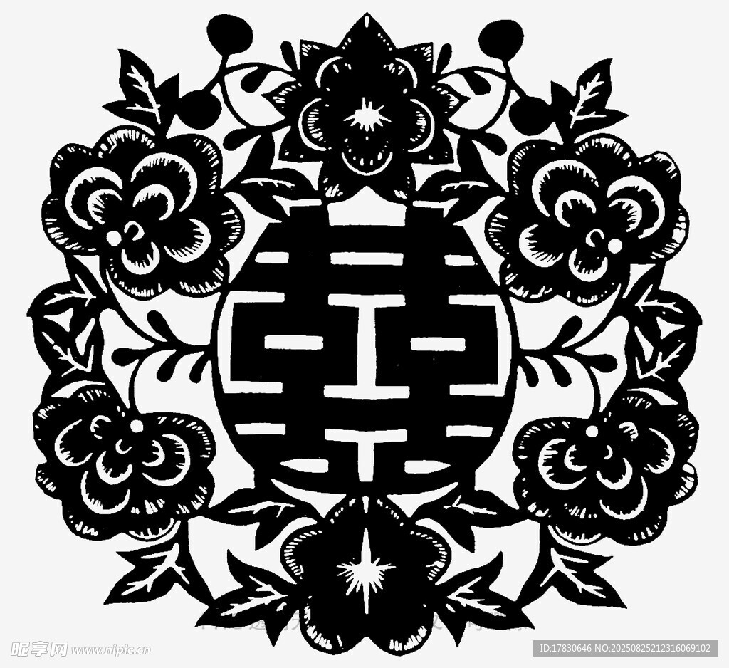 中式雙喜花卉剪紙圖案