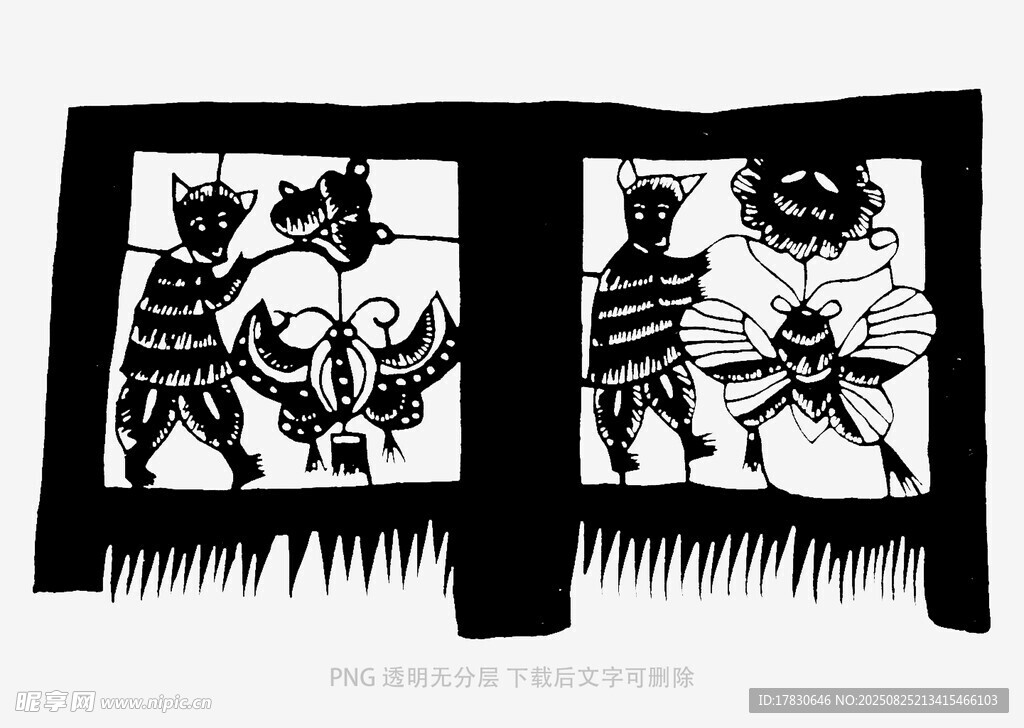 黑白剪紙風人物場景圖