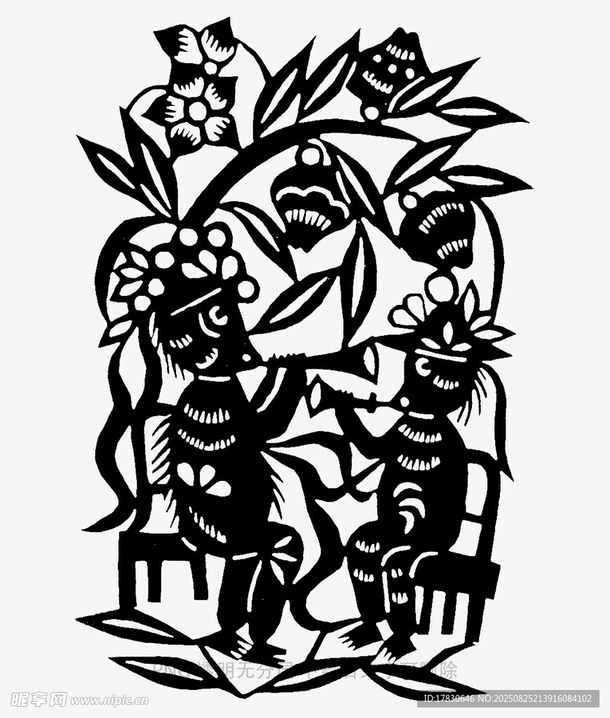 傳統(tǒng)剪紙人物與花卉圖案