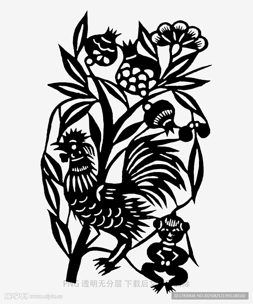公雞花卉剪紙藝術(shù)作品