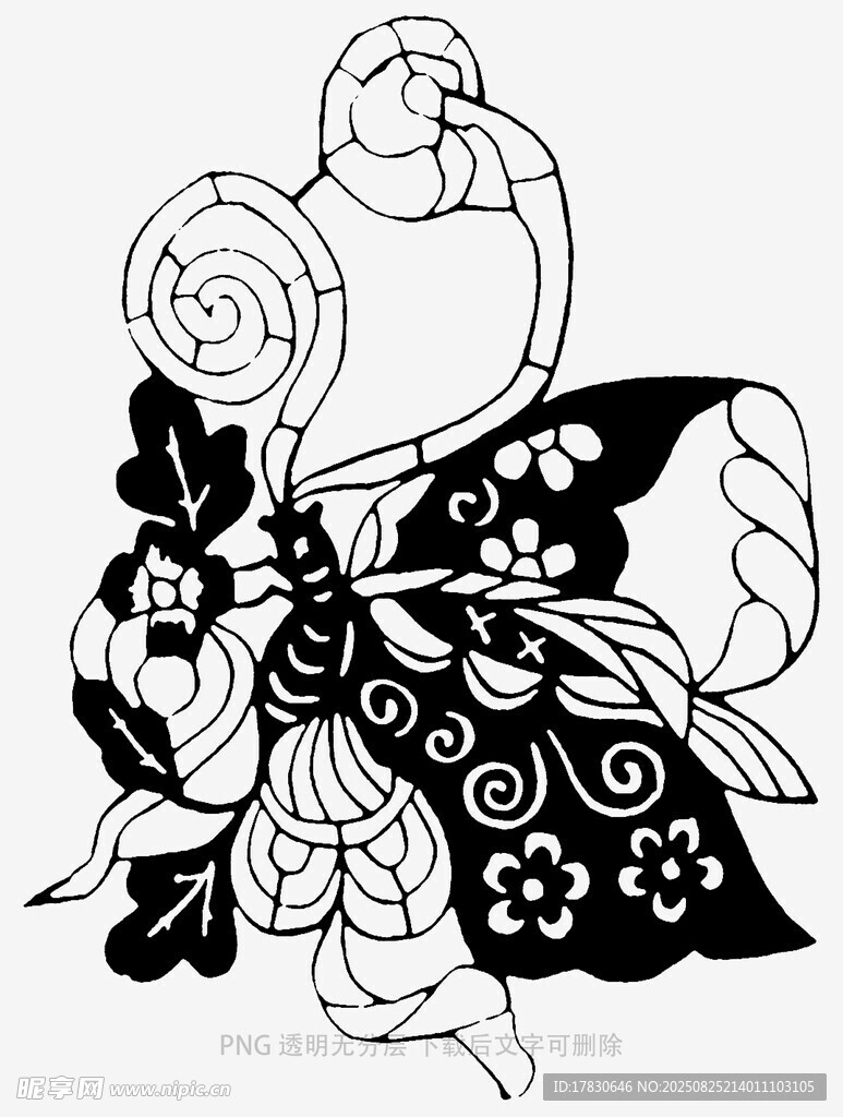 黑白蝴蝶花卉圖案插畫