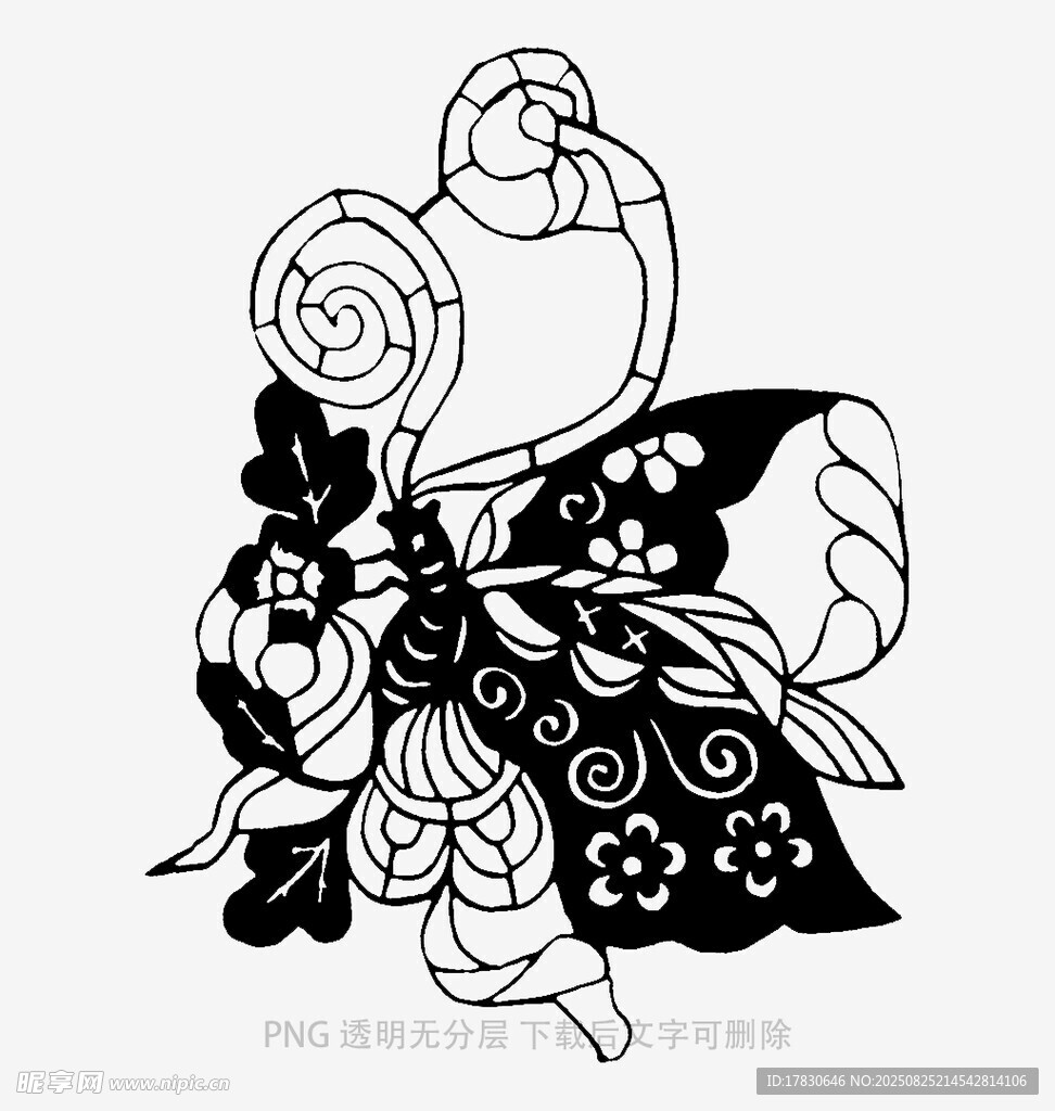 黑白花卉蝴蝶裝飾圖案