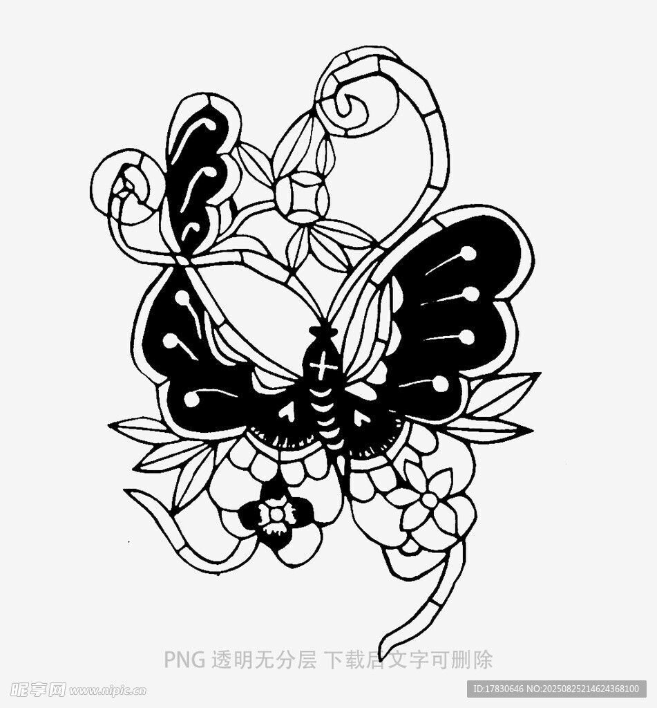 蝴蝶花卉黑白紋身圖案