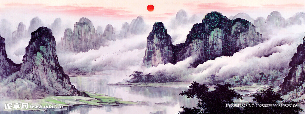 新中式意境水墨山水畫電視背景墻
