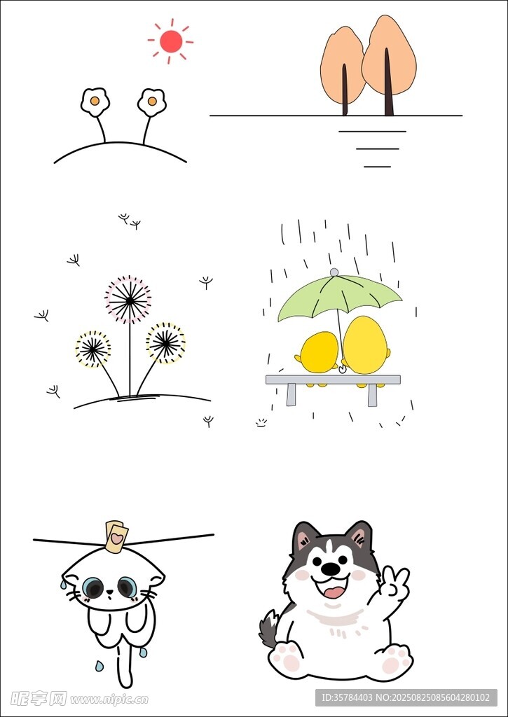可愛手繪動物與自然元素