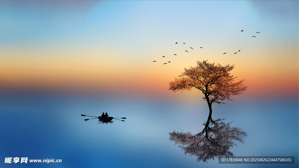 孤樹落日下的靜謐風景