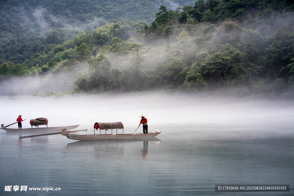 霧漫江面的悠然捕魚場景