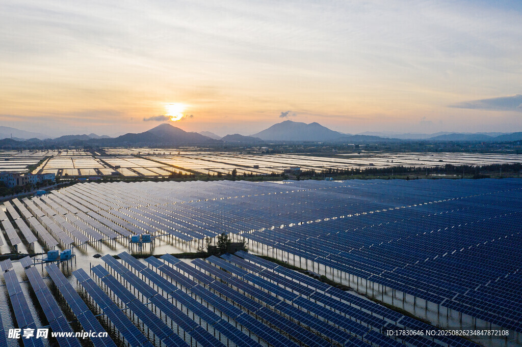 夕陽下的大型太陽能光伏電站