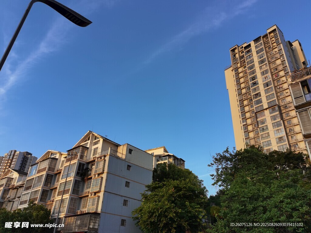 城市高樓與藍(lán)天綠樹景象