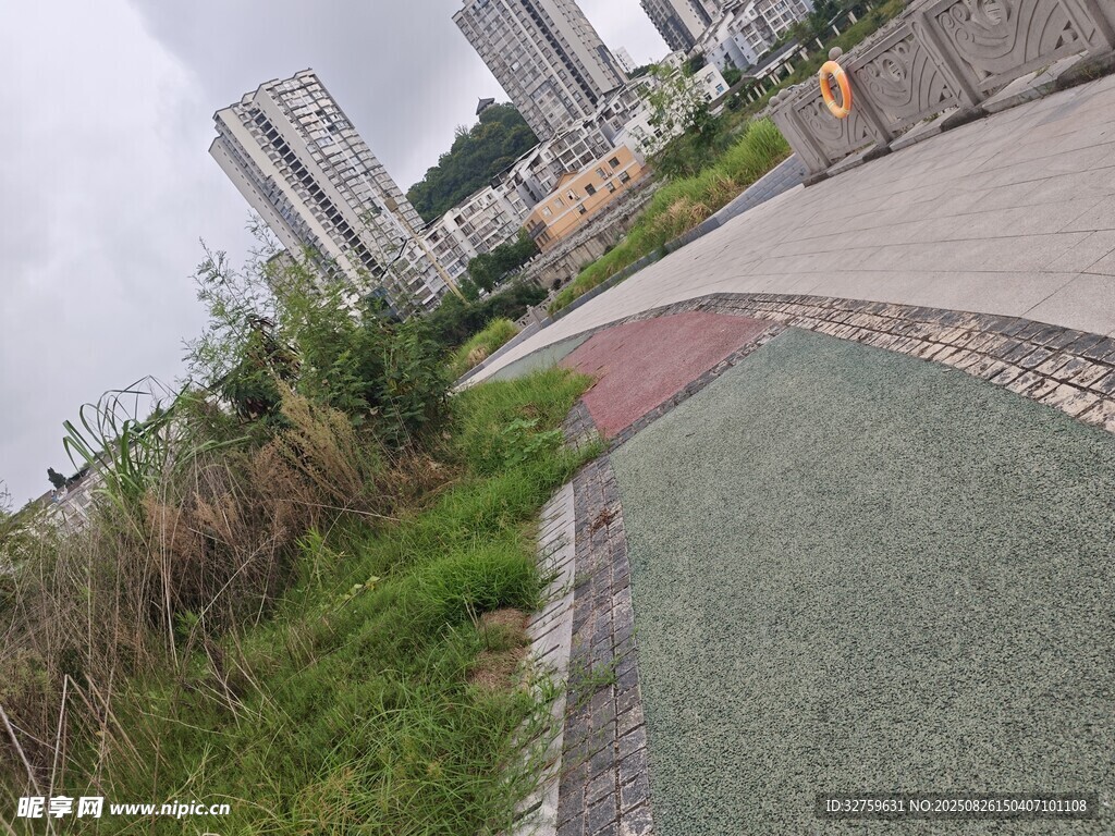 城市步道旁的綠地景觀