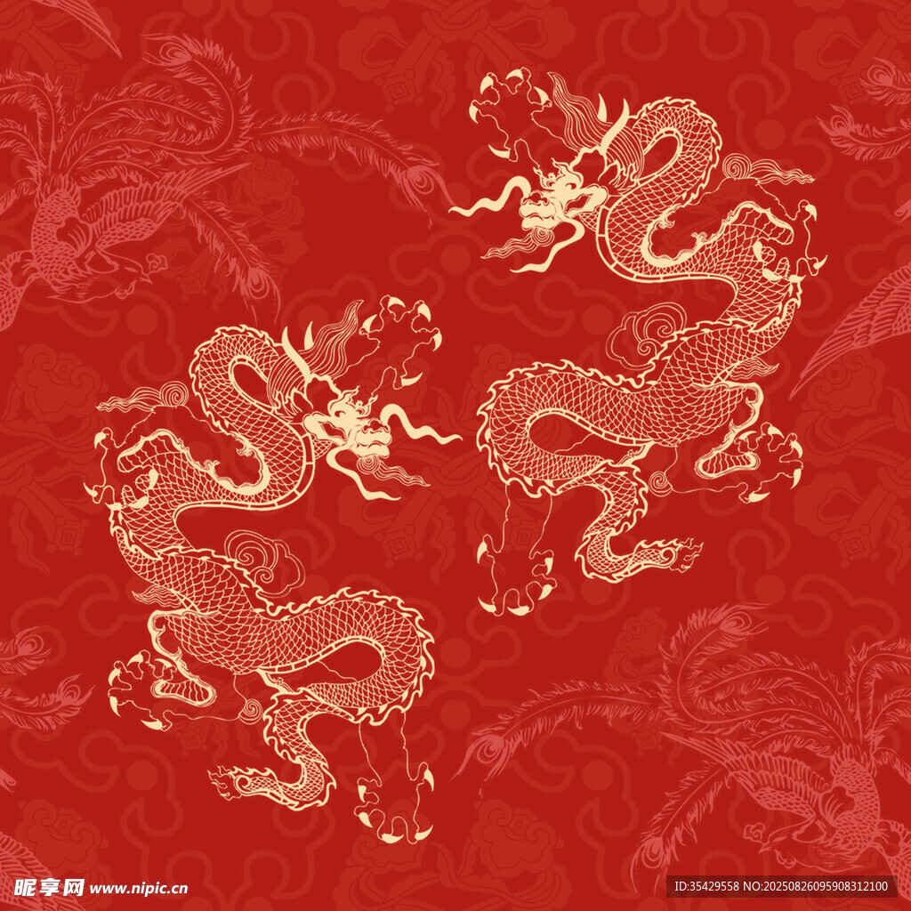 雙金龍戲于紅底錦紋間