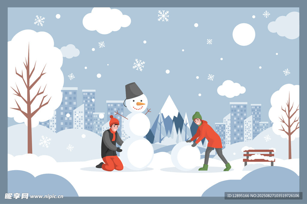 冬日雪景中孩子堆雪人場景