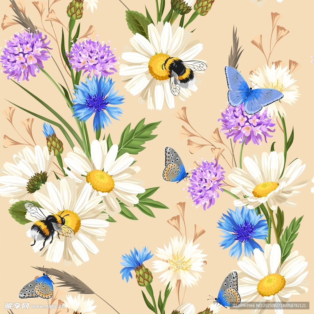 花卉蜜蜂圖案的清新插畫(huà)