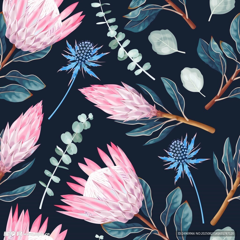 深藍(lán)色底花卉植物圖案