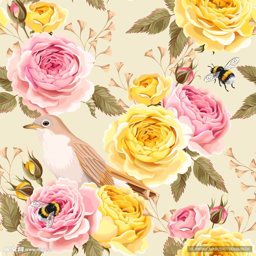 花鳥玫瑰圖案的精美壁紙