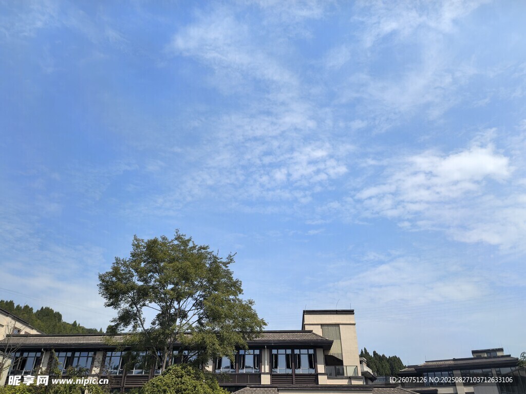 藍(lán)天白云下的建筑與綠樹