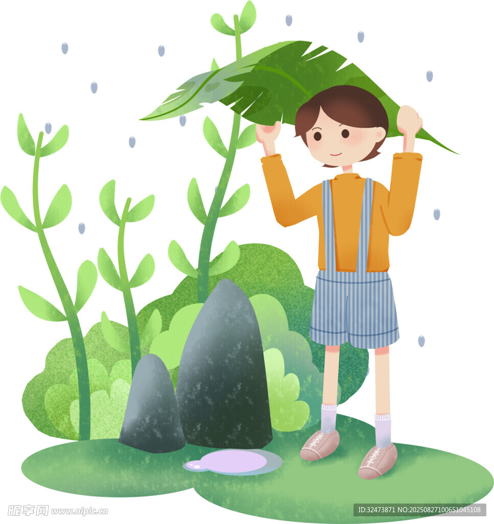 男孩持葉在雨中的清新場景