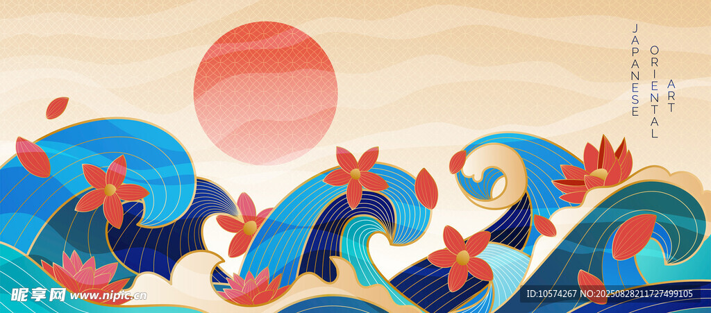 日式浮世繪風(fēng)格海浪紅日圖