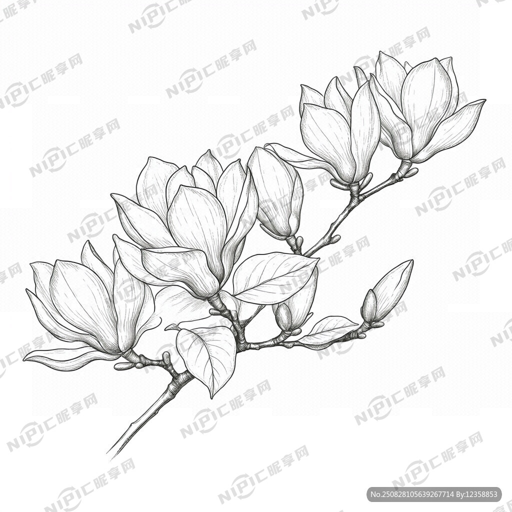 廣玉蘭 手繪 線條 白色背景 