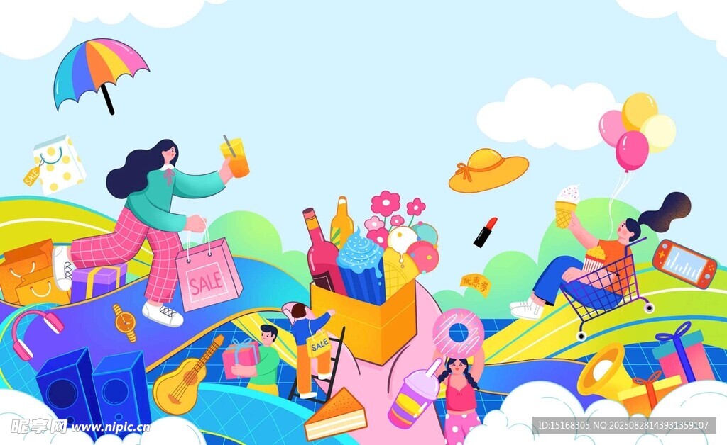 手繪歡樂購物人物素材背景