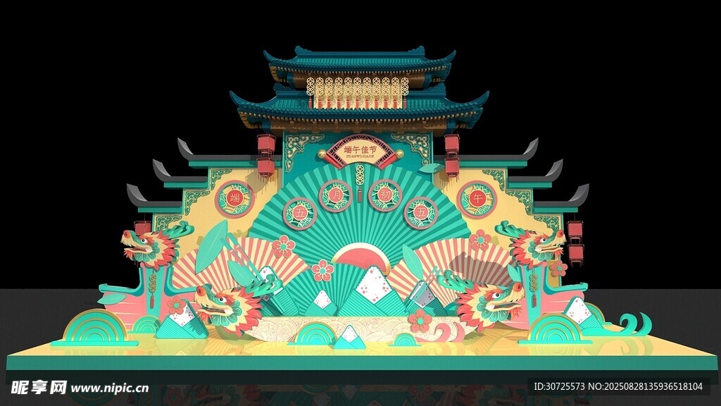 中式立體古建筑紙雕模型端午節(jié)