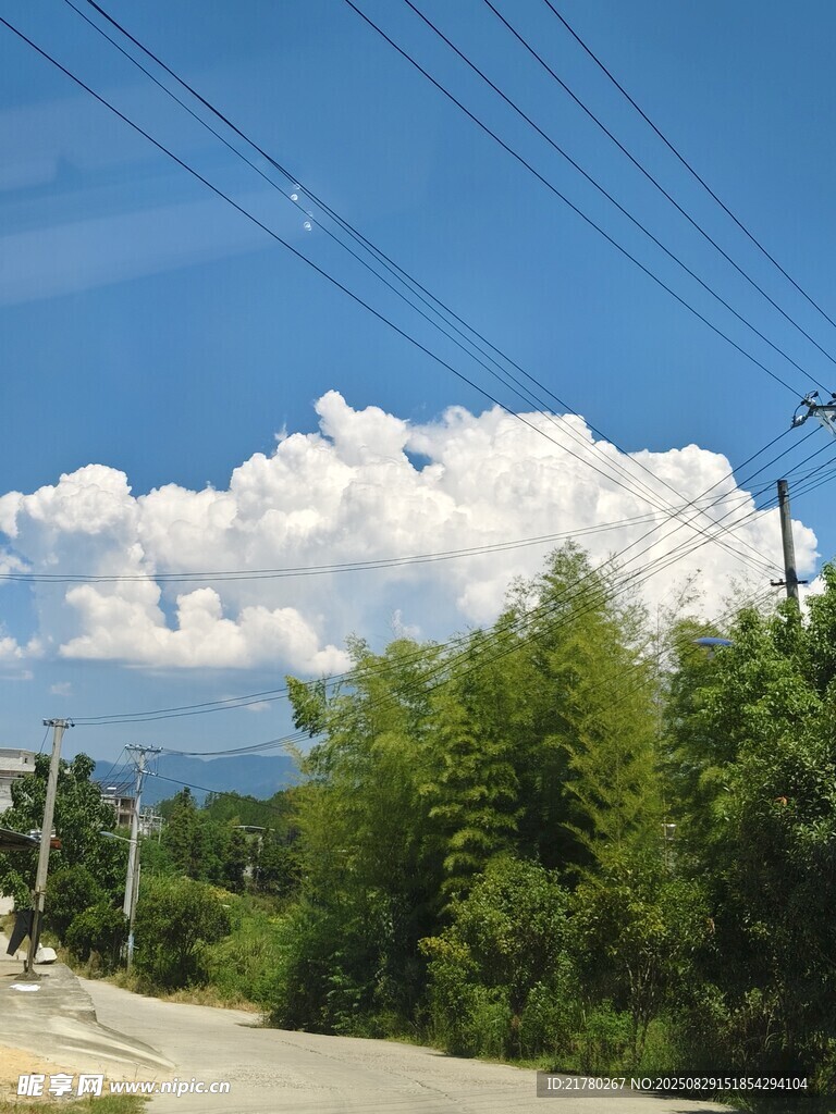 鄉(xiāng)村公路邊的藍(lán)天白云綠樹(shù)