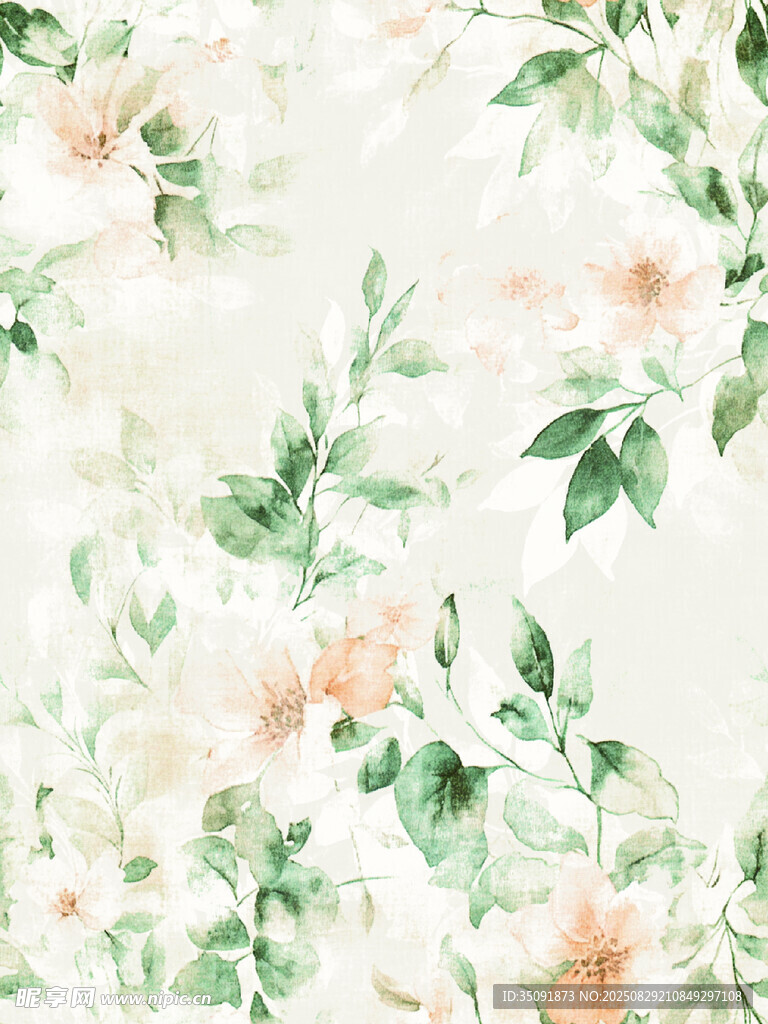 清新花卉綠葉水彩背景圖