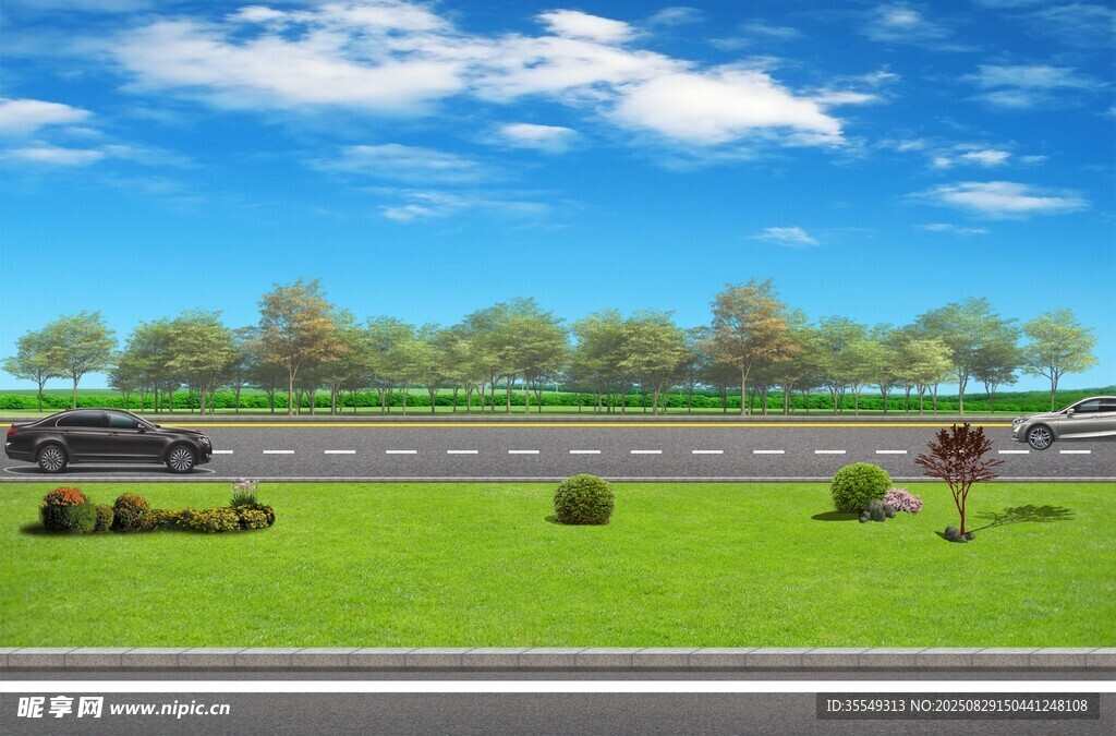 公路旁的綠意與行駛車(chē)輛