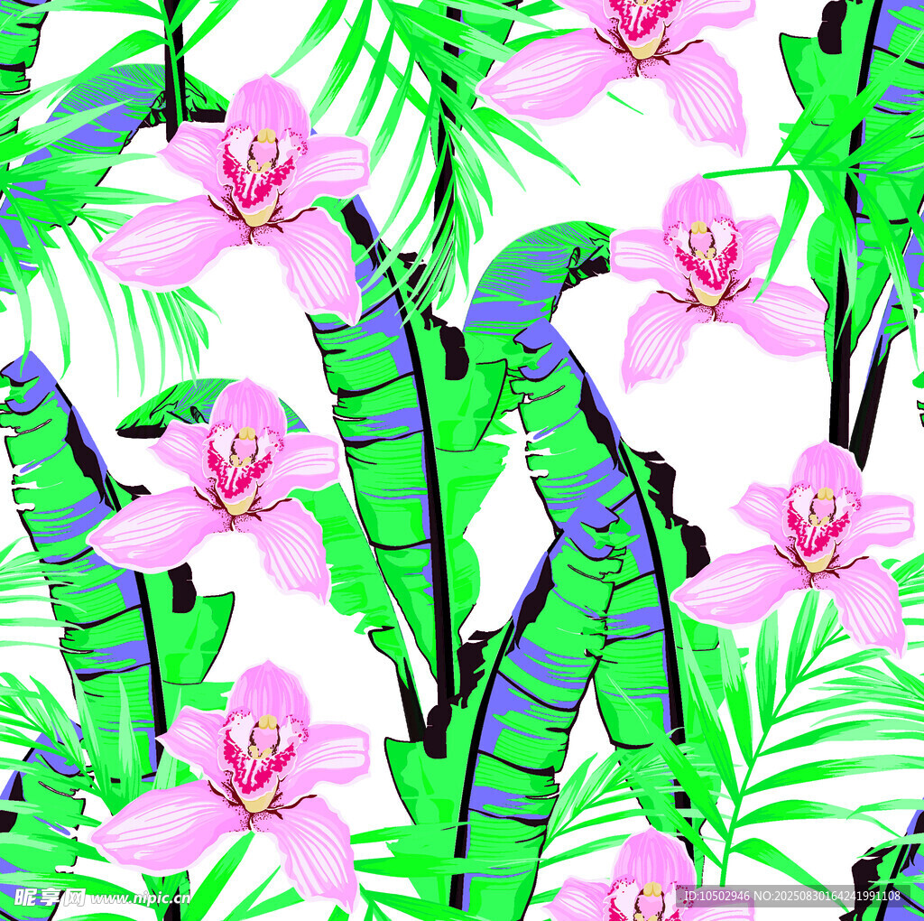 粉色蘭花與綠葉熱帶圖案