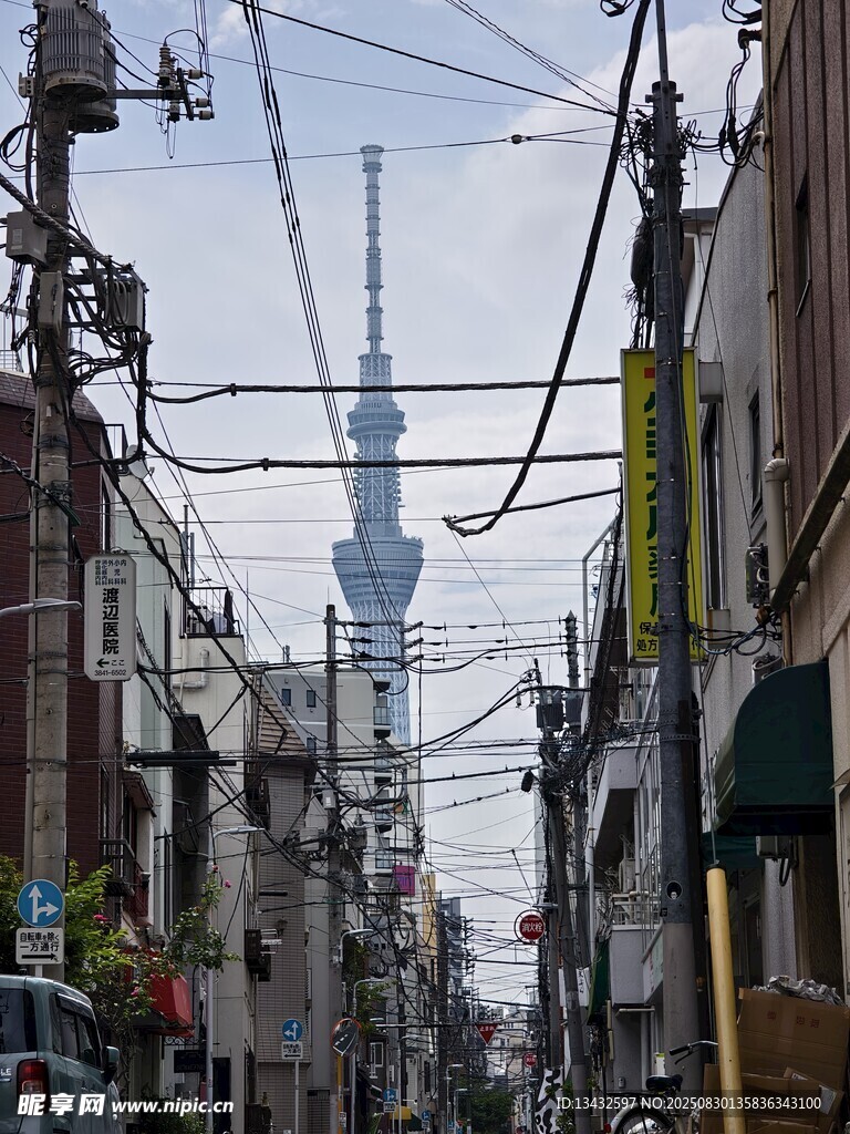 東京街頭與遠(yuǎn)處的晴空塔