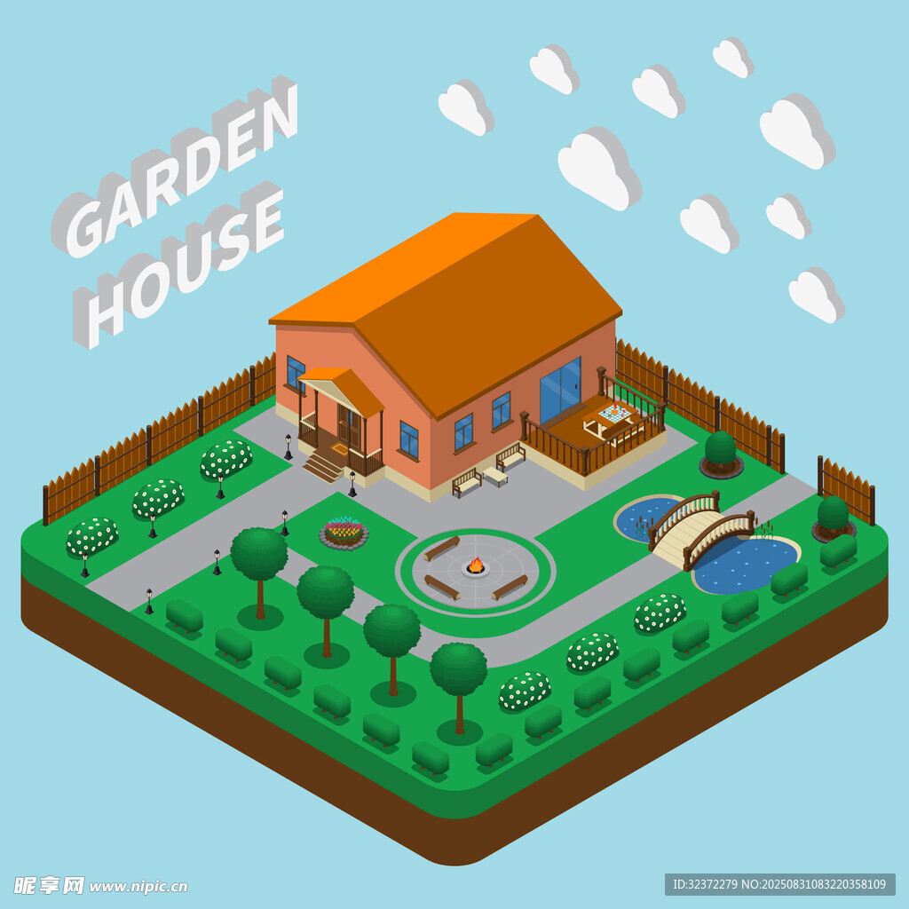 花園小屋等距插畫