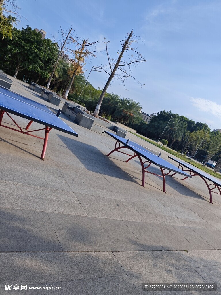 戶外空曠處的藍(lán)色乒乓球桌