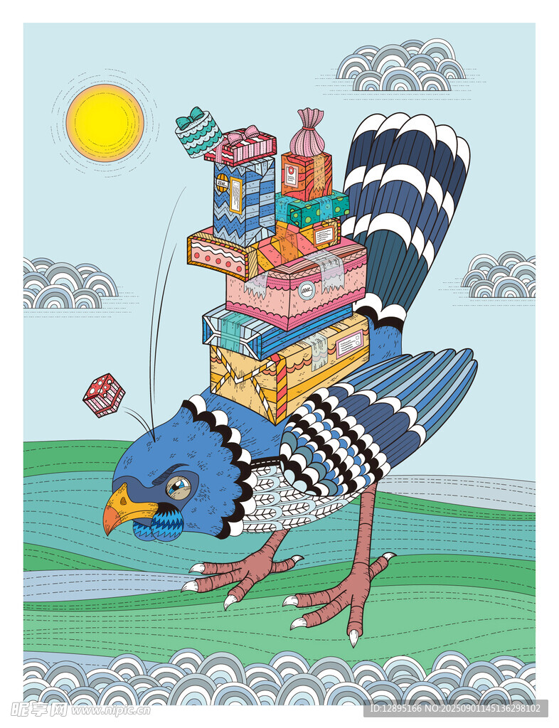 背著雜物的條紋鳥插畫