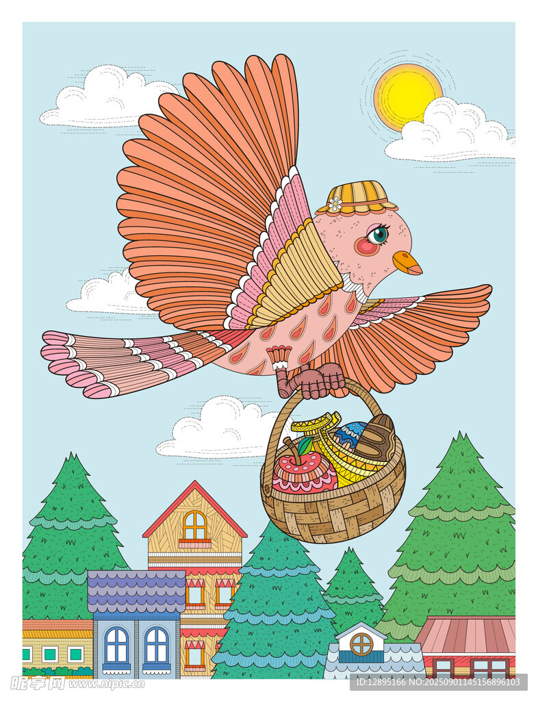 飛翔小鳥攜籃過彩色小鎮(zhèn)