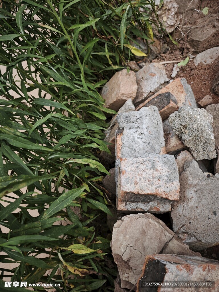 草叢邊的堆砌石塊