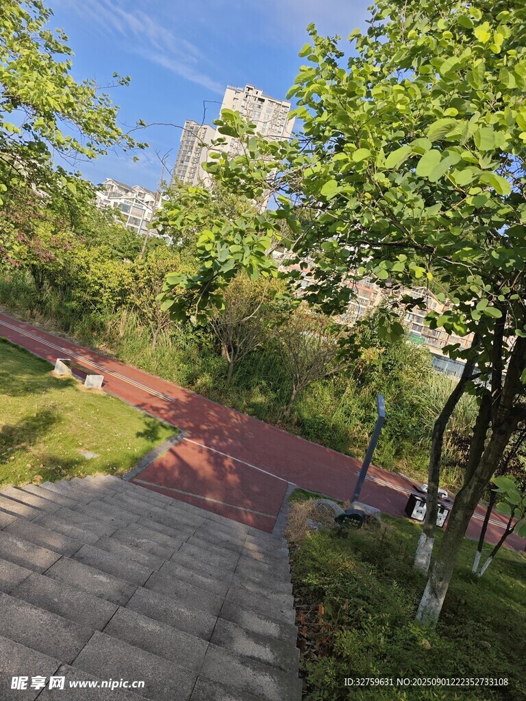 林間紅磚小徑綠意盎然
